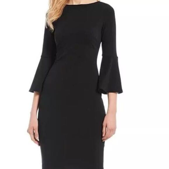 EUC Calvin Klein Black Stretch Crepe Sheath Dress w/ Bell Sleeves Size 10 - Picture 1 of 5